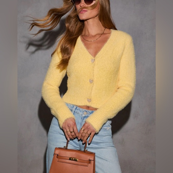 NWT VICI Yellow Fuzzy Knit Pearl Heart Button Front Cardigan- Size Small - Picture 2 of 13